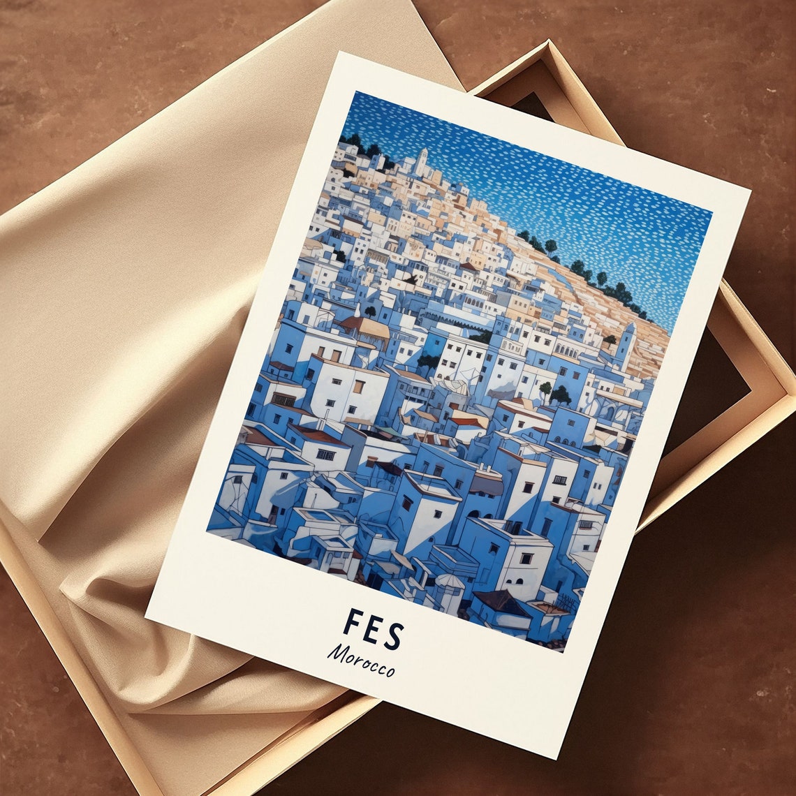 Fes Morocco Whitewashed Medina Houses Cascade Hillside Art Poster - Image 3
