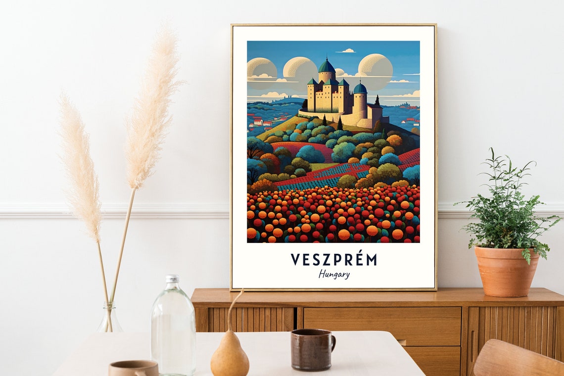 Veszprém Hungary Hilltop Castle Colorful Fields Travel Poster - Image 2