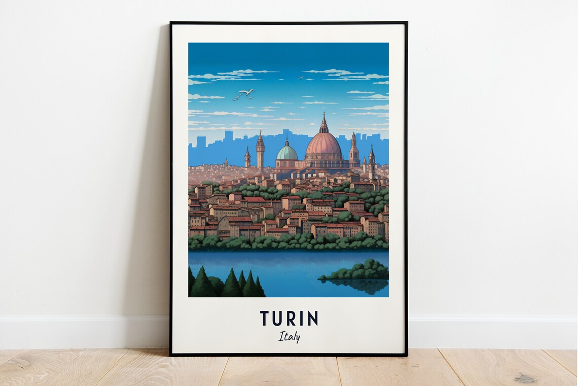 Turin Italy Skyline River View Domes Vintage Travel Poster Home Decor