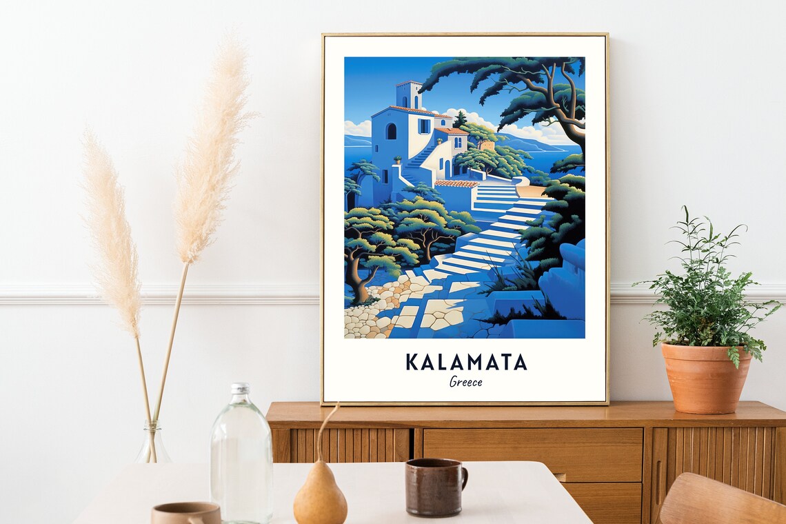 Kalamata Blue White Seaside Hillside Stairs Coast Travel Poster - Image 2