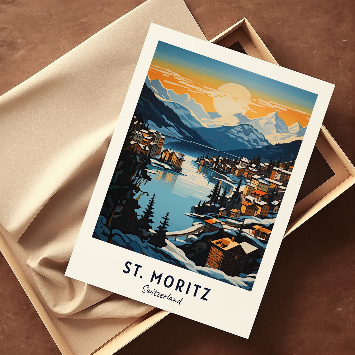 St. Moritz Switzerland Alpine Lake Village Sunset Travel Poster - Image 3