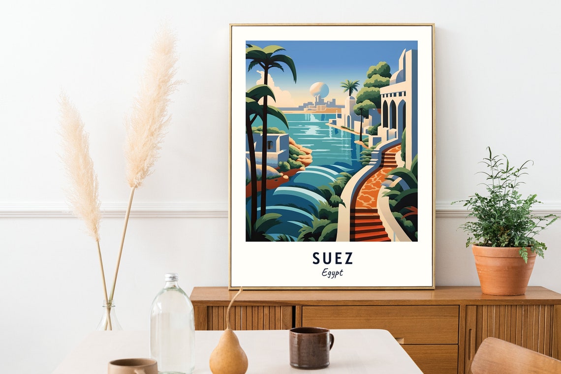 Suez Canal Waterfront Palm Promenade Historic Egypt Travel Poster - Image 2