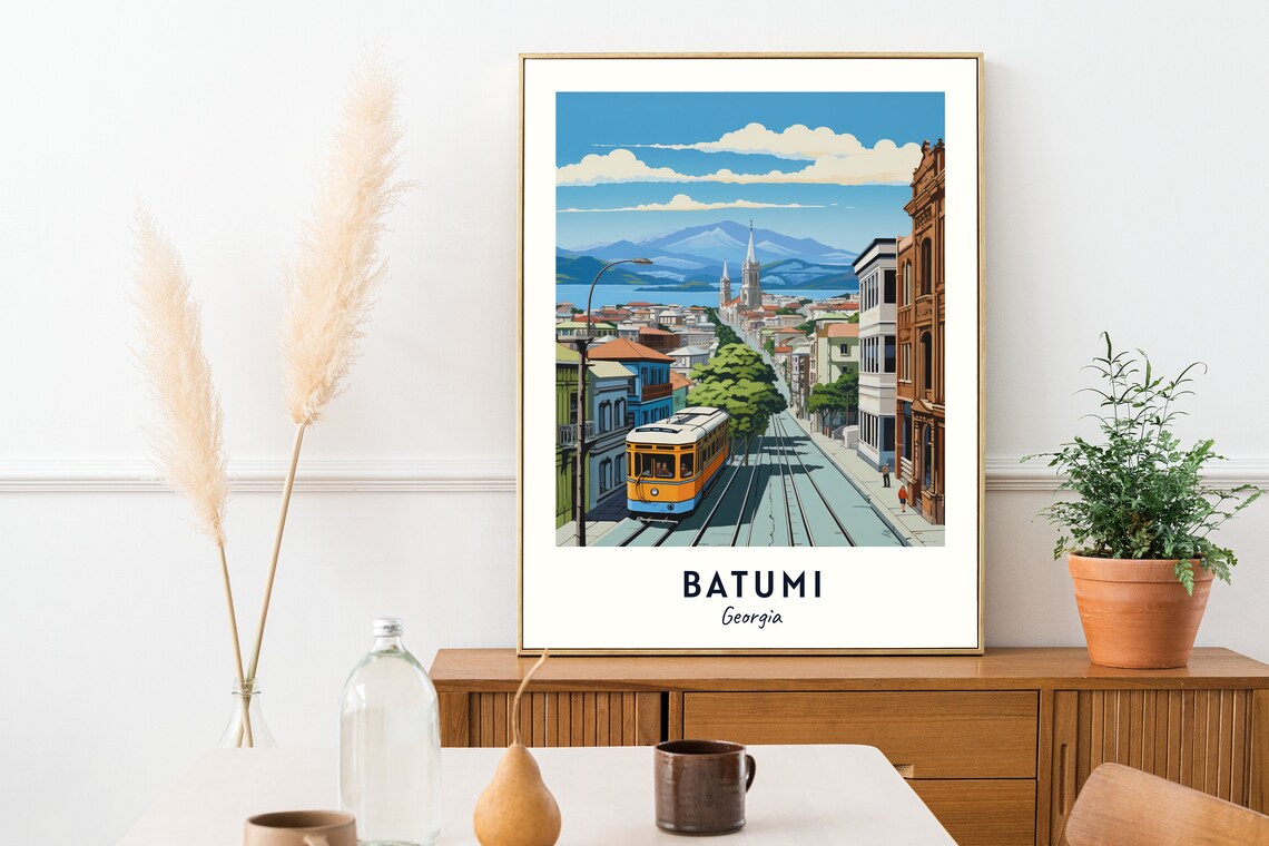 Vintage Yellow Tram on a Steep City Street Batumi Georgia Poster - Image 2