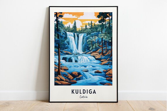 Kuldiga Latvia Waterfall Through Pine Forest At Sunset Poster