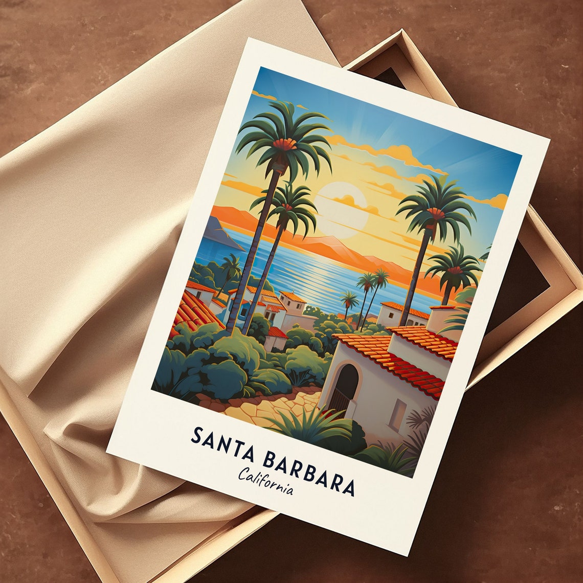 Santa Barbara California Sunset Palm Trees Coastal Villa Travel Poster - Image 3