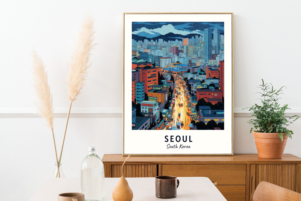 Seoul Night City Canyon Glowing Street Mountains Travel Poster - Image 2