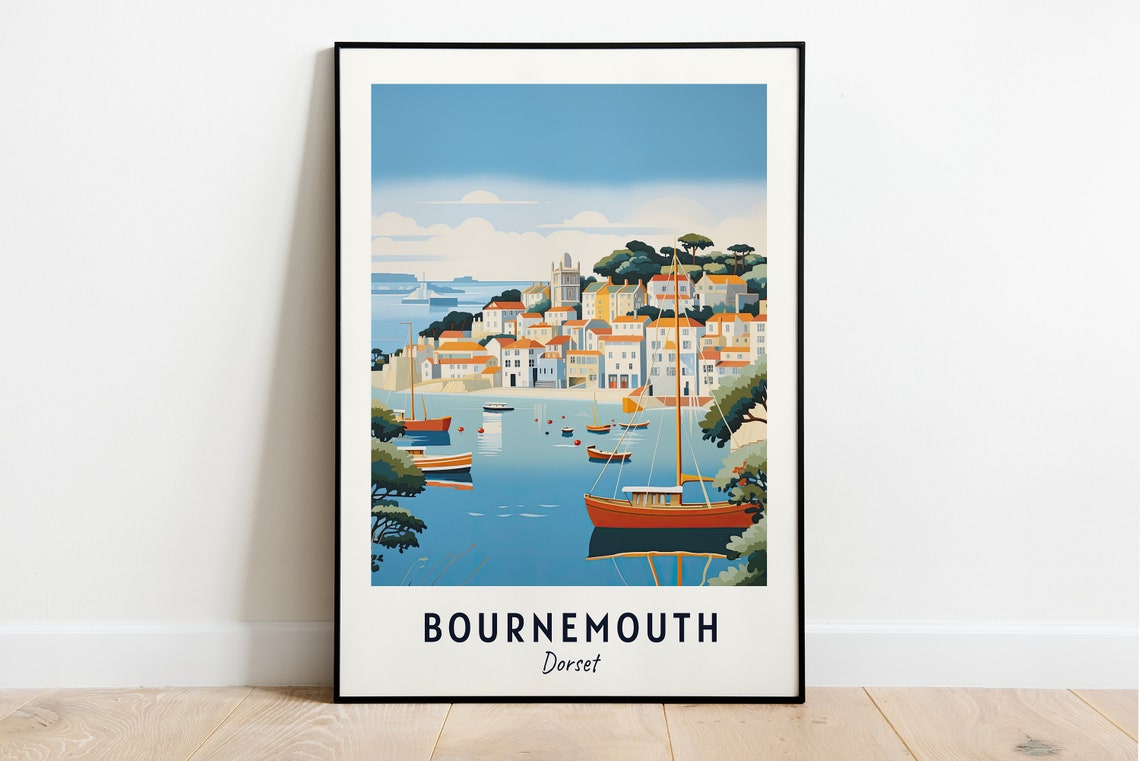 Bournemouth Dorset Harbor With Sailboats Hillside Town Poster