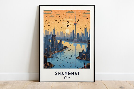Shanghai China Pudong Skyline River Birds Sunset Travel Poster