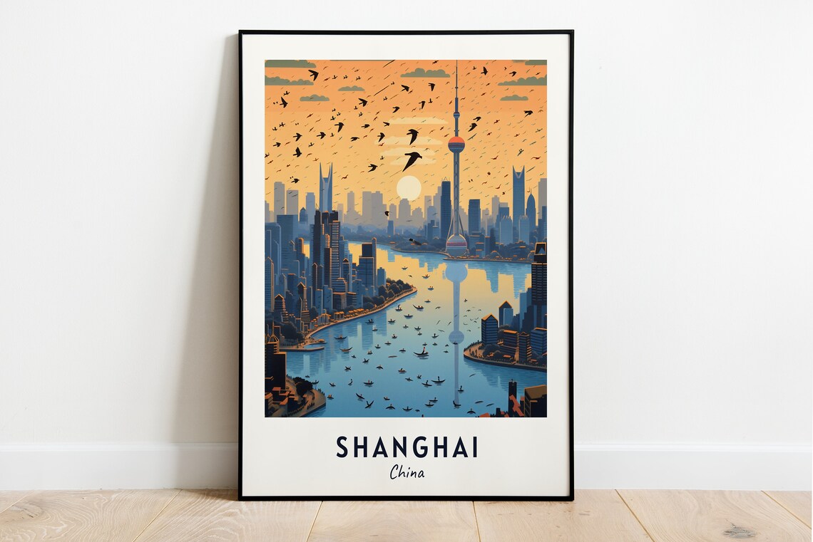 Shanghai China Pudong Skyline River Birds Sunset Travel Poster
