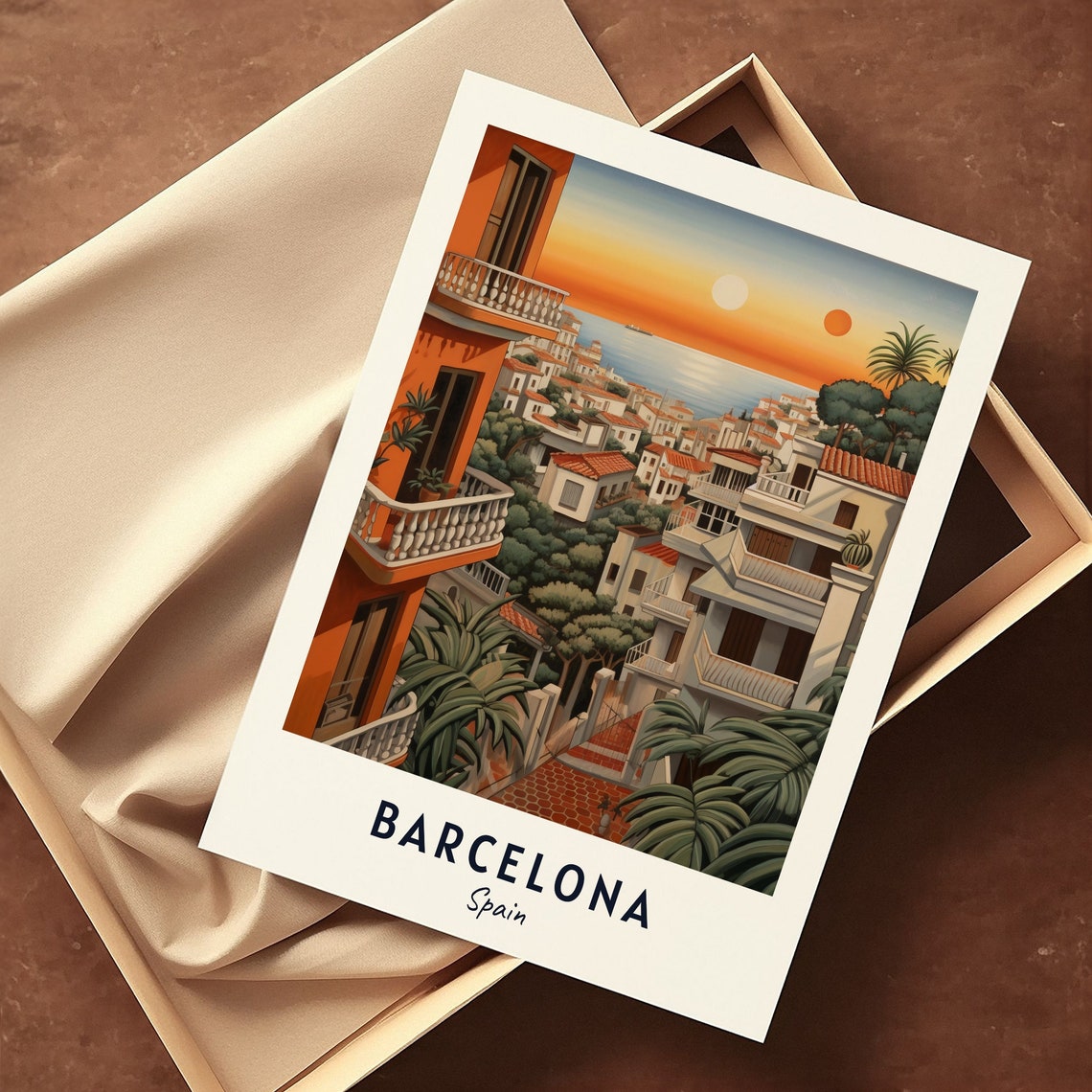 Barcelona Coastal Hillside Villas Sea Sunset Palms Travel Poster - Image 3