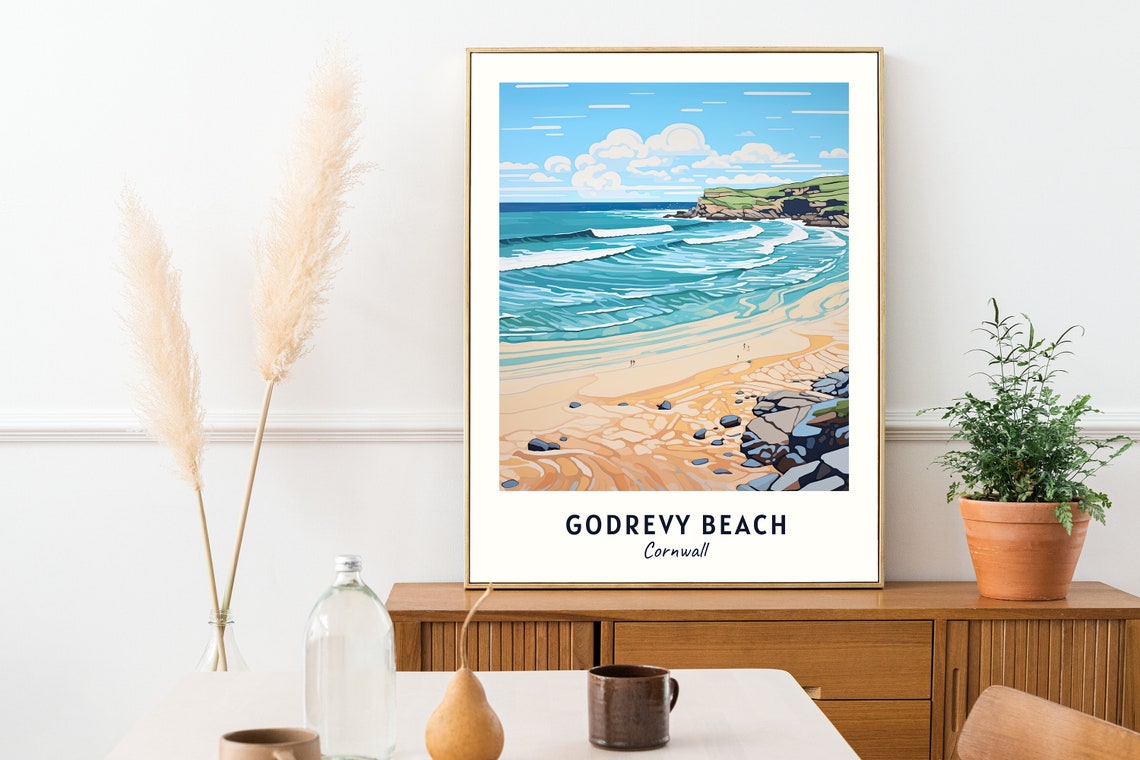 Godrevy Beach Cornwall Turquoise Surf Over Sand Travel Poster - Image 2