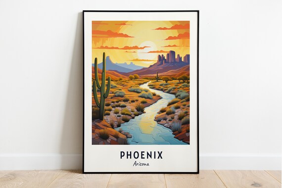Phoenix Arizona Desert Sunset Saguaro Cactus River Travel Poster