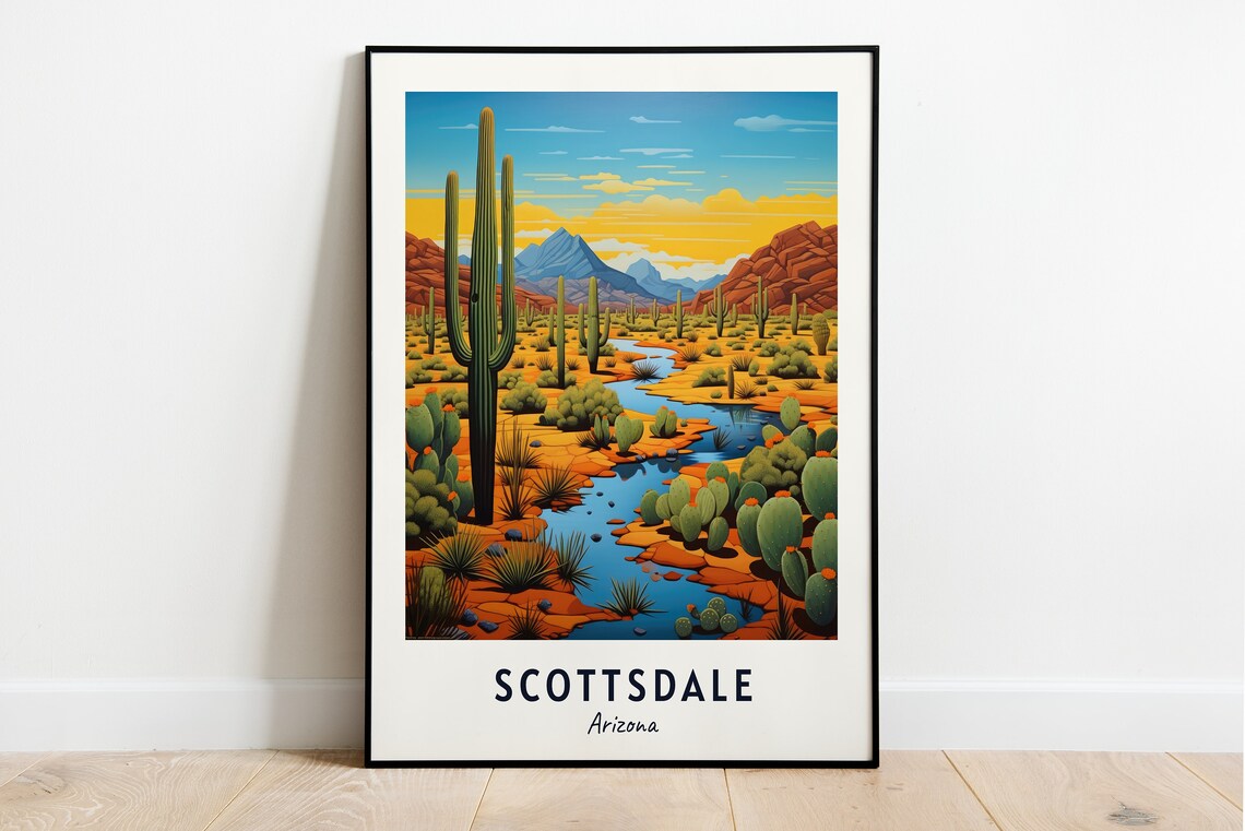 Scottsdale Arizona Desert Saguaro Cacti Mountain River Travel Poster