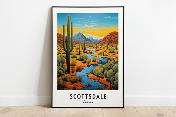 Scottsdale Arizona Desert Saguaro Cacti Mountain River Travel Poster