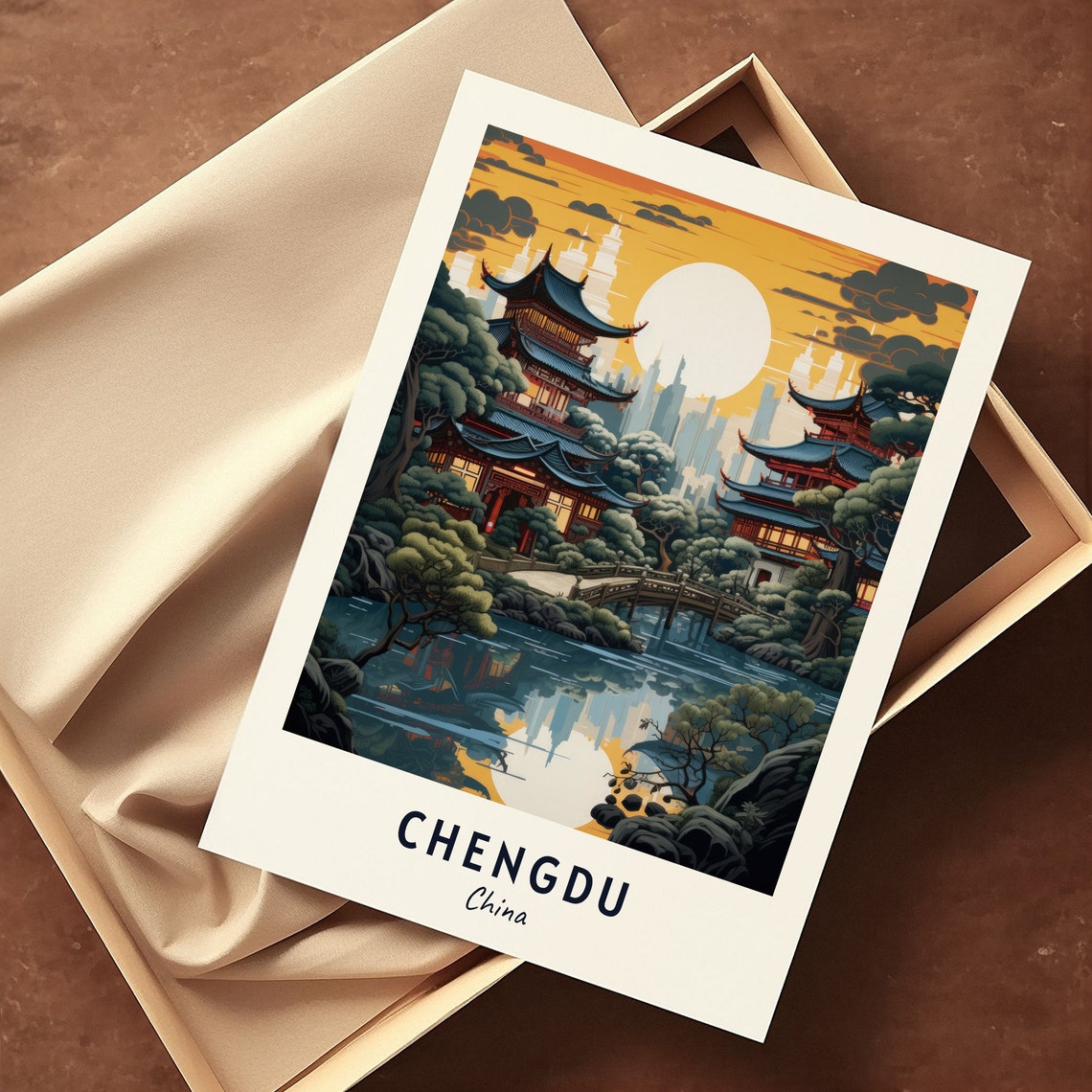 Chengdu China Pagoda Temple Gardens Night View Travel Poster - Image 3