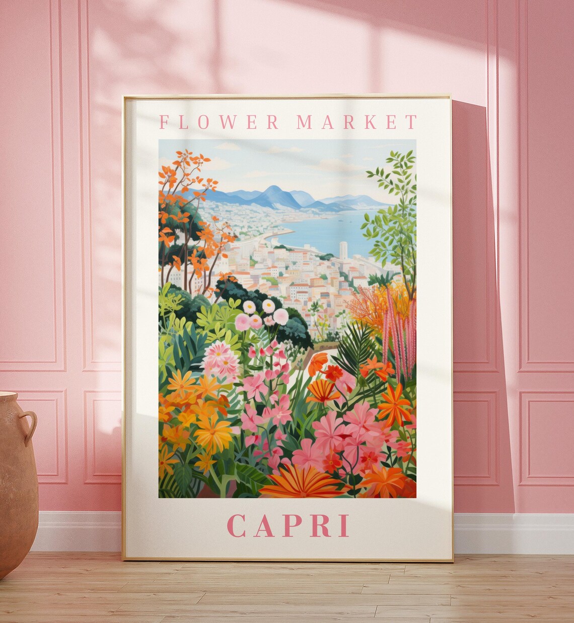 Capri Flower Market Coastal Hillside Bay View Italian Travel Poster