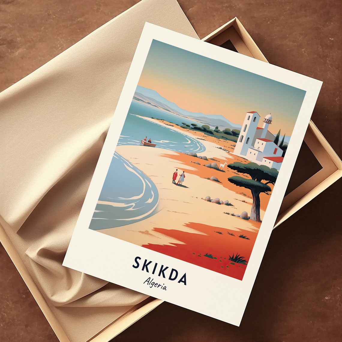 Skikda Algeria Quiet Beach With White Chapel At Sunset Poster - Image 3