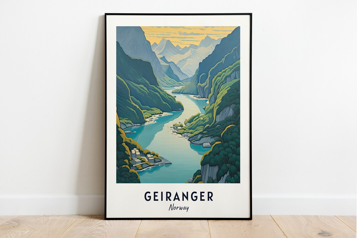 Geiranger Norway Fjord Between Mountains Golden Hour Travel Poster