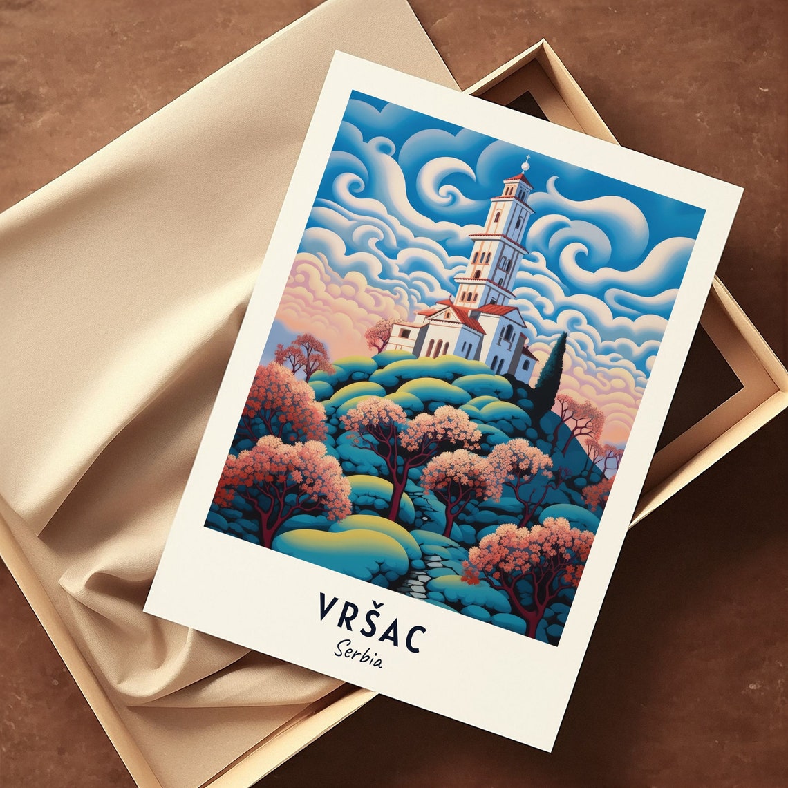 Vršac Serbia Hilltop Chapel Blossom Trees Swirling Sky Travel Poster - Image 3