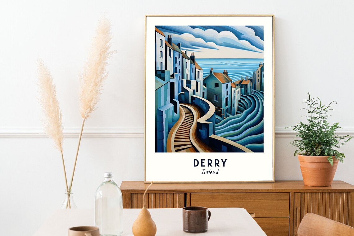 Derry Ireland Historic City Walls Seaside Street Art Deco Travel Poster - Image 2
