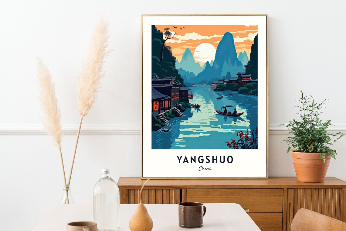 Yangshuo China Karst River Sunset Travel Poster Scenic Artwork - Image 2