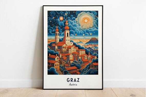 Graz Old Town Church Towers Dramatic Sky Artwork Travel Poster