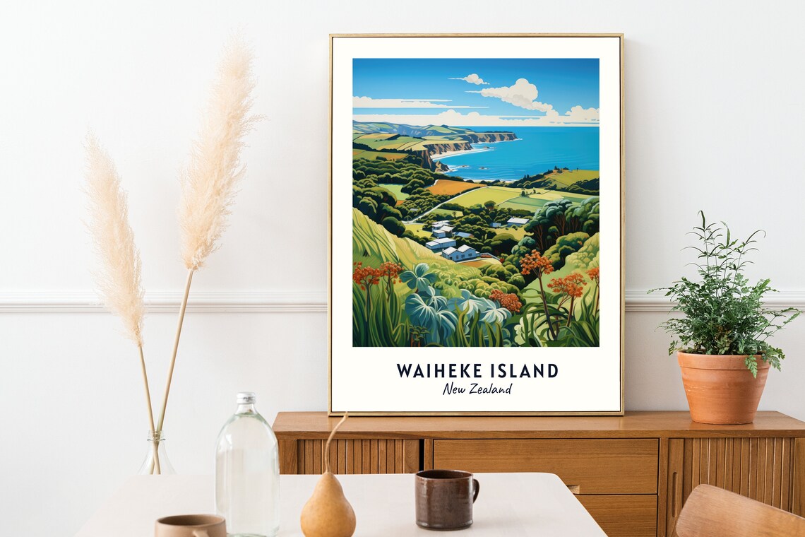Waiheke Island New Zealand Coastal Farmland Sea View Travel Poster - Image 2
