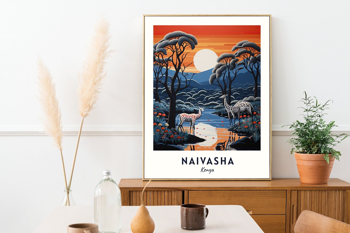 Naivasha Kenya Savanna Sunset Wildlife Waterhole Travel Poster - Image 2