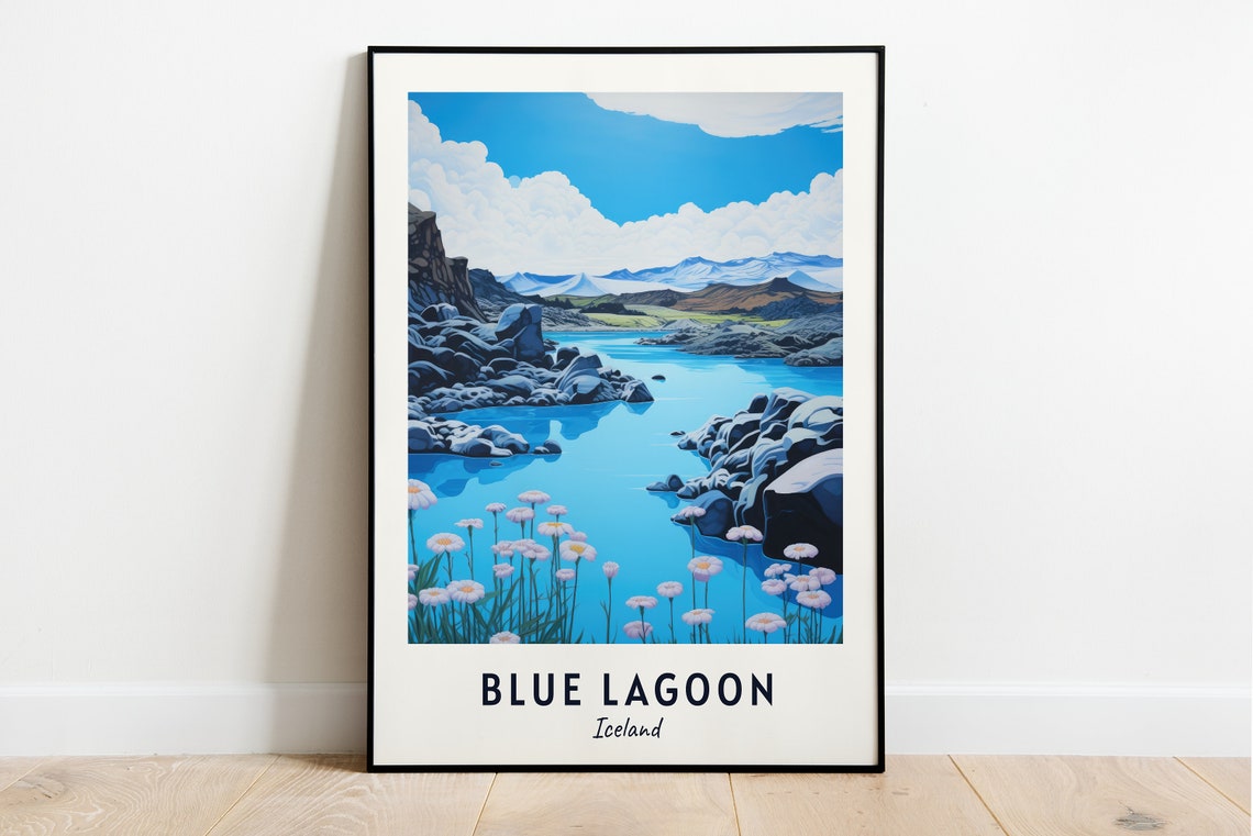 Blue Lagoon Iceland Turquoise Water Wildflowers Travel Poster