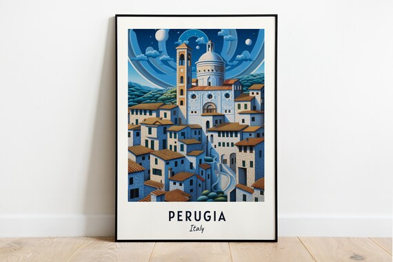 Perugia Italy Moonlit Hilltop Church Night Travel Poster Home Decor
