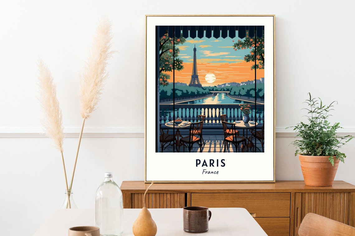 Paris France Eiffel Tower Cafe Terrace Sunset River View Travel Poster - Image 2
