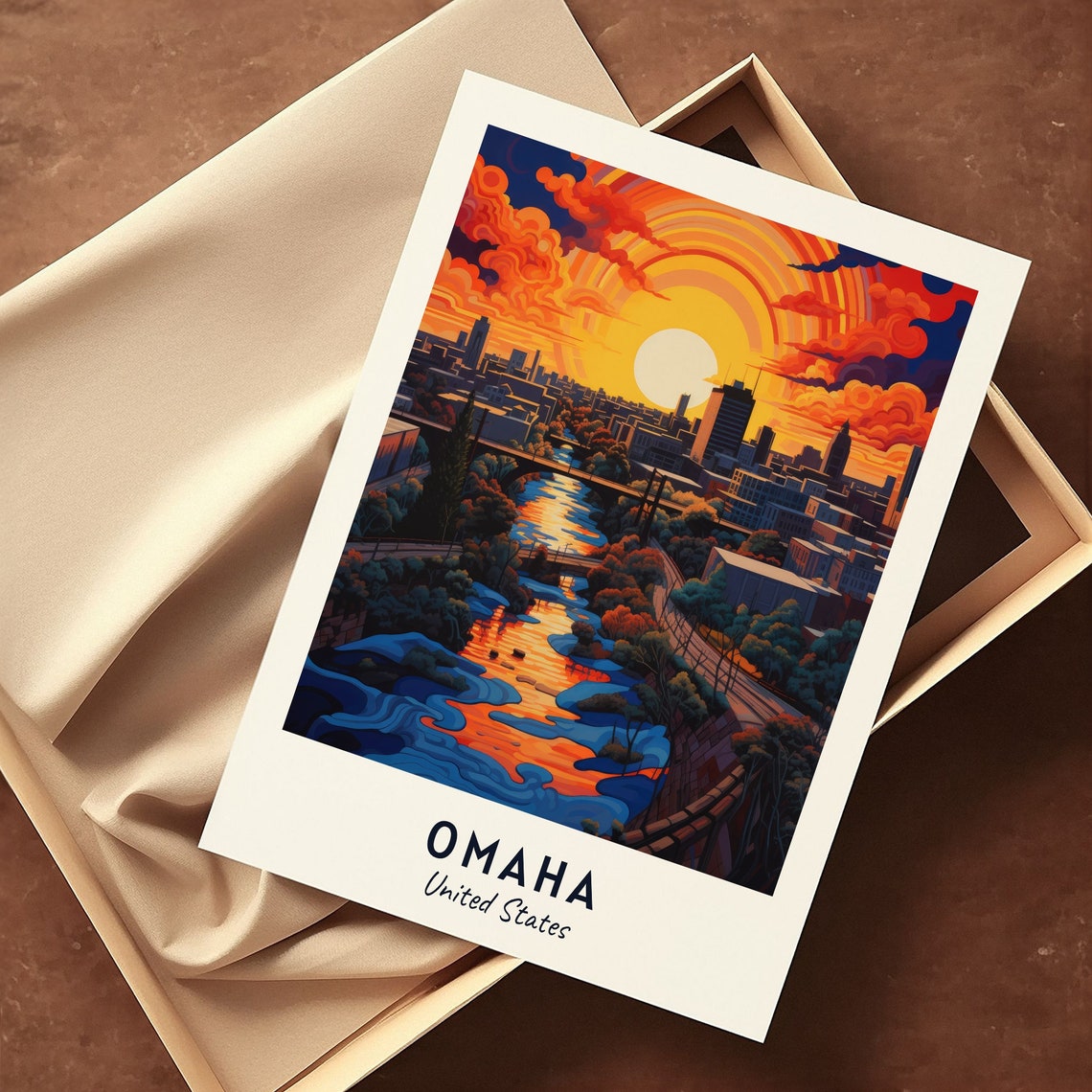Omaha United States City Skyline River Sunset Clouds Scene Poster - Image 3