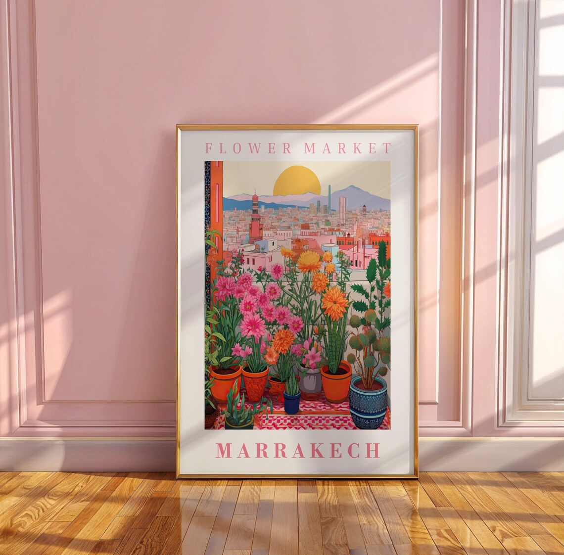 Marrakech Flower Market Rooftop Terrace Sunset Travel Poster - Image 2