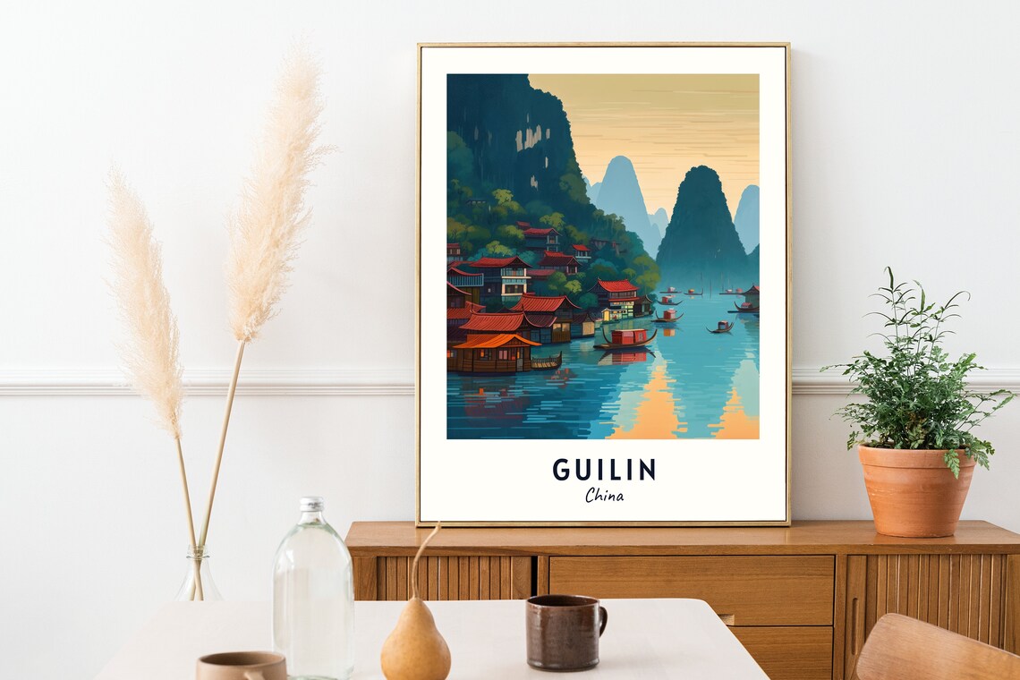 Li River Karst Mountains Riverside Village Guilin China Travel Poster - Image 2