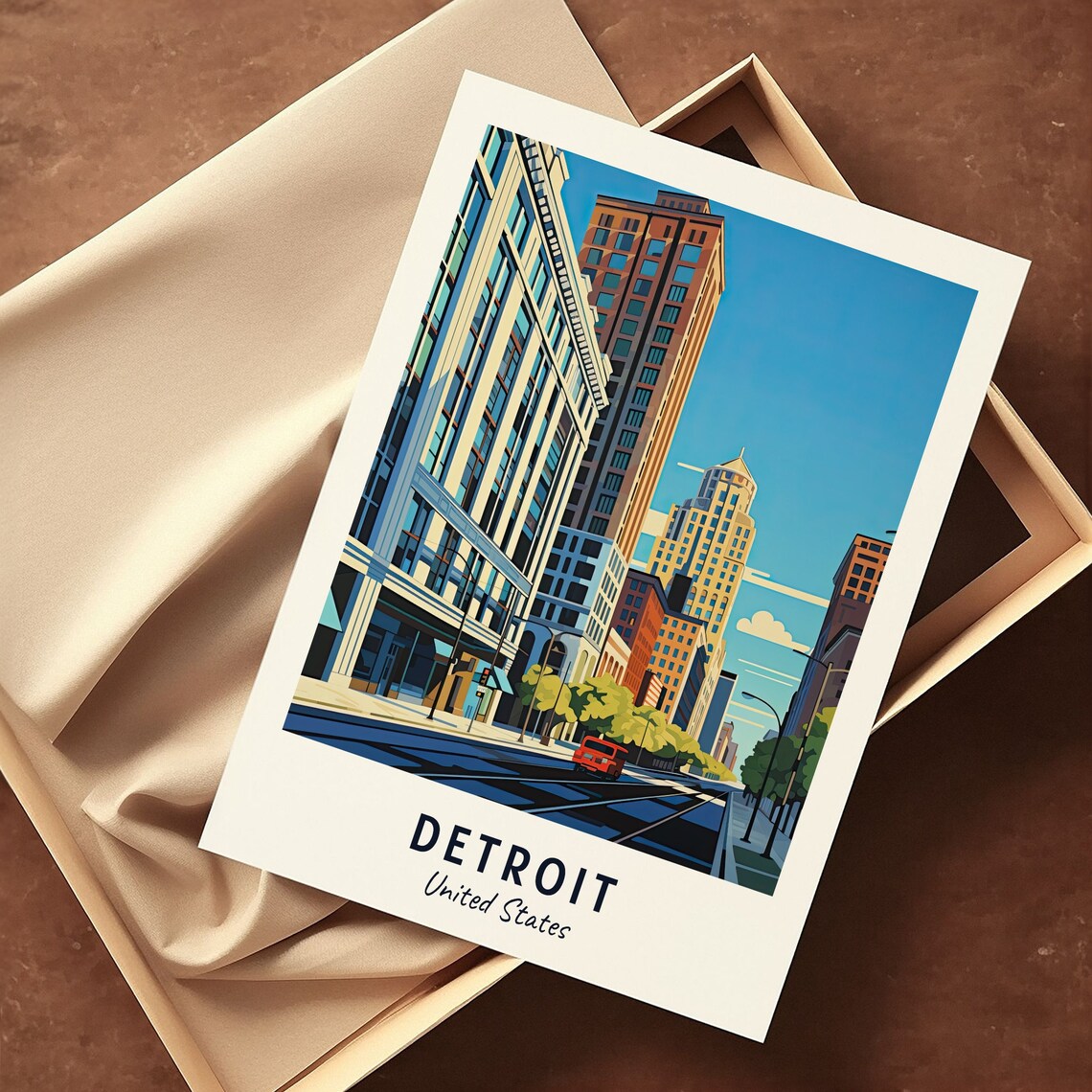 Detroit Michigan Downtown Skyline Tram Tracks City Street Poster - Image 3