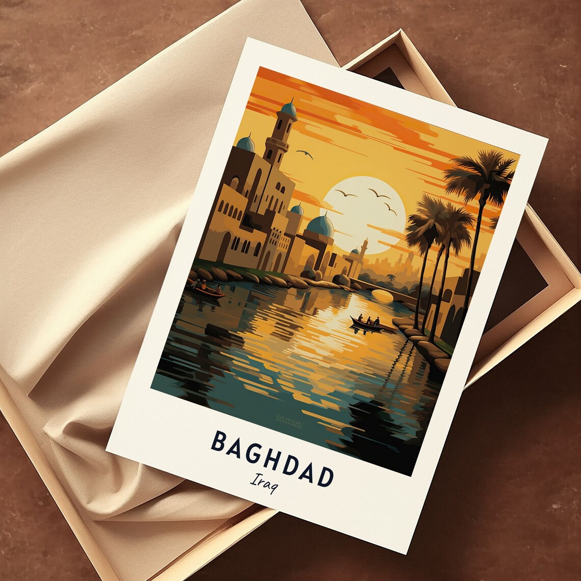 Baghdad Iraq Golden Sunset River Mosque Skyline Travel Poster - Image 3