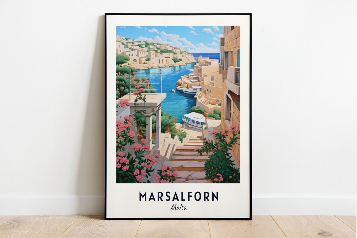 Marsalforn Malta Harbor Bougainvillea Staircase Travel Poster