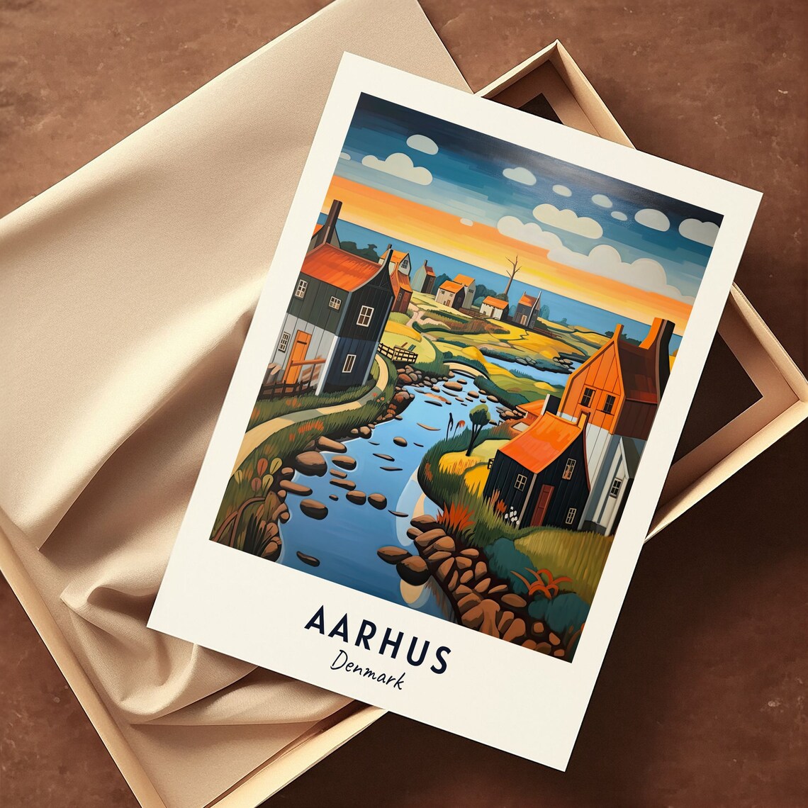 Aarhus Coastal Village Orange Roofs Sunset Stream Travel Poster - Image 3