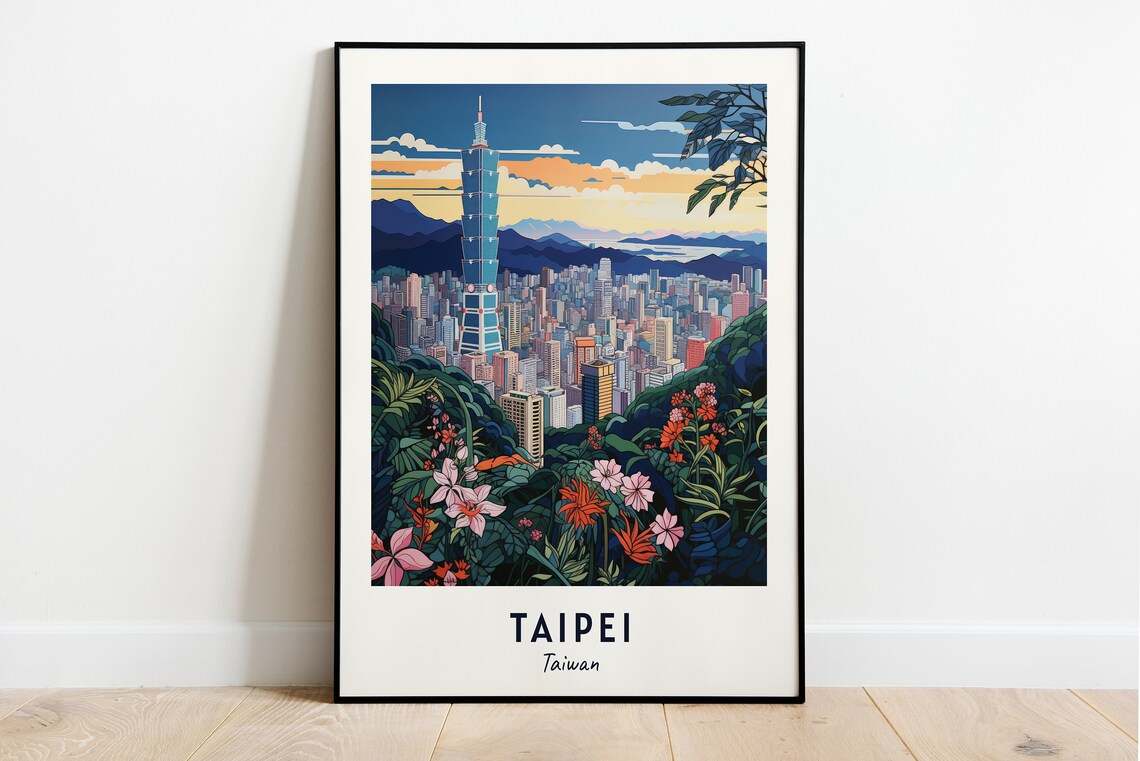 Taipei Taiwan Taipei 101 Tower Dusk Skyline Flowers Travel Poster