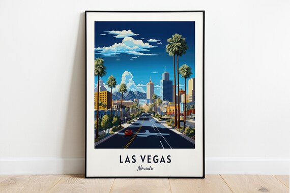 Las Vegas Palm-Lined Downtown Street Skyline Nevada Travel Poster
