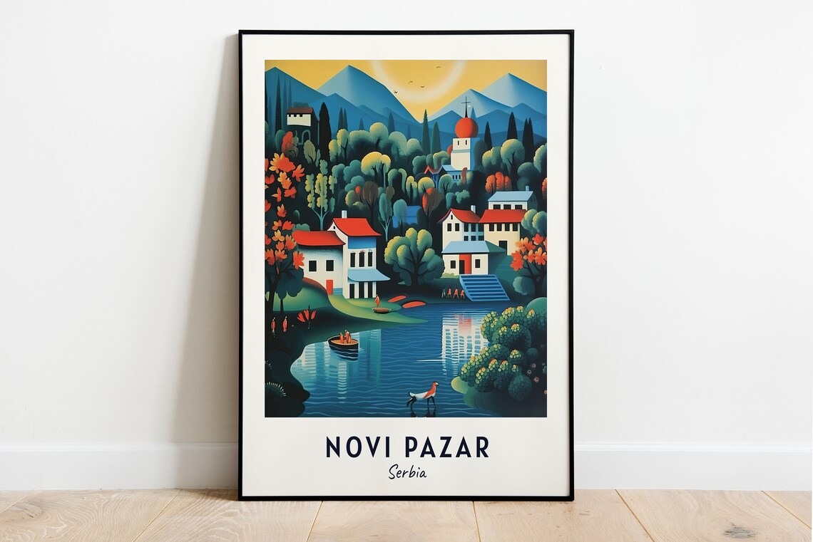 Lakeside Mountain Village with Church Novi Pazar Serbia Poster
