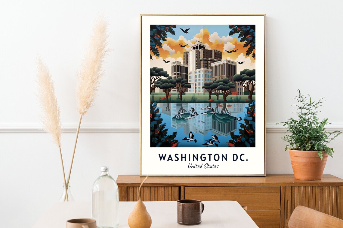 Washington DC City Park Pond Flying Geese Skyline Travel Poster - Image 2