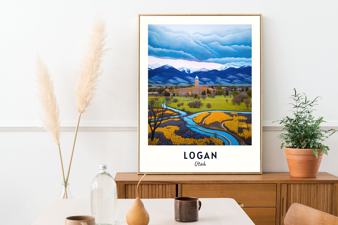Logan Utah River Valley Winding Beneath Snowy Peaks Travel Poster - Image 2
