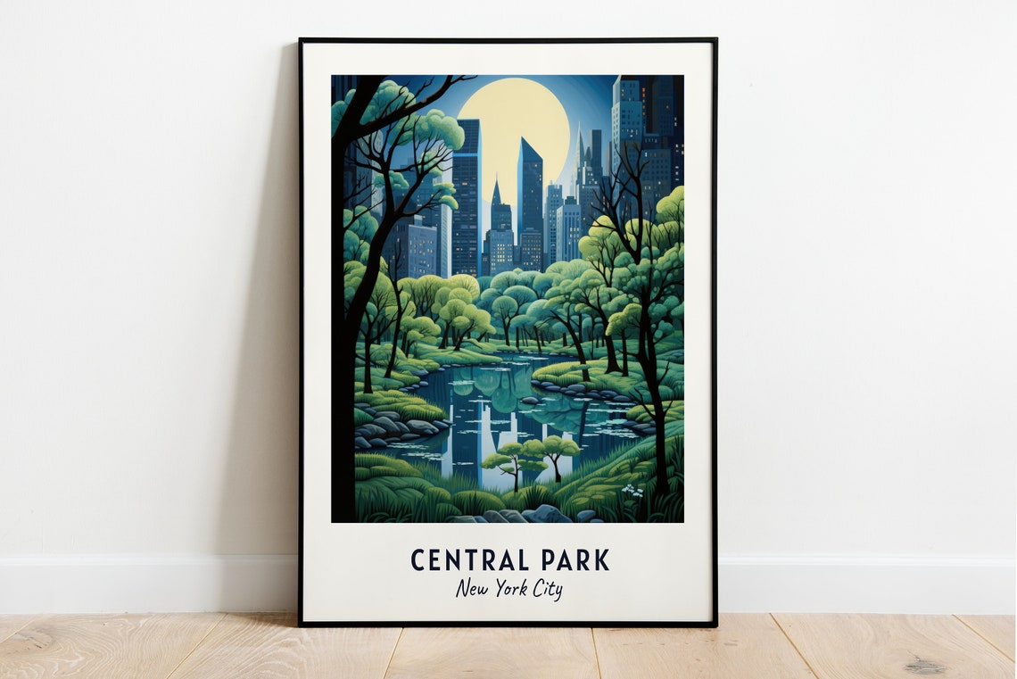 Central Park New York City Moonlit Night Skyline Over Lake View Poster