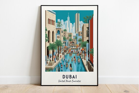 Dubai Creek Souk Canal Bustling Market Waterway Travel Poster