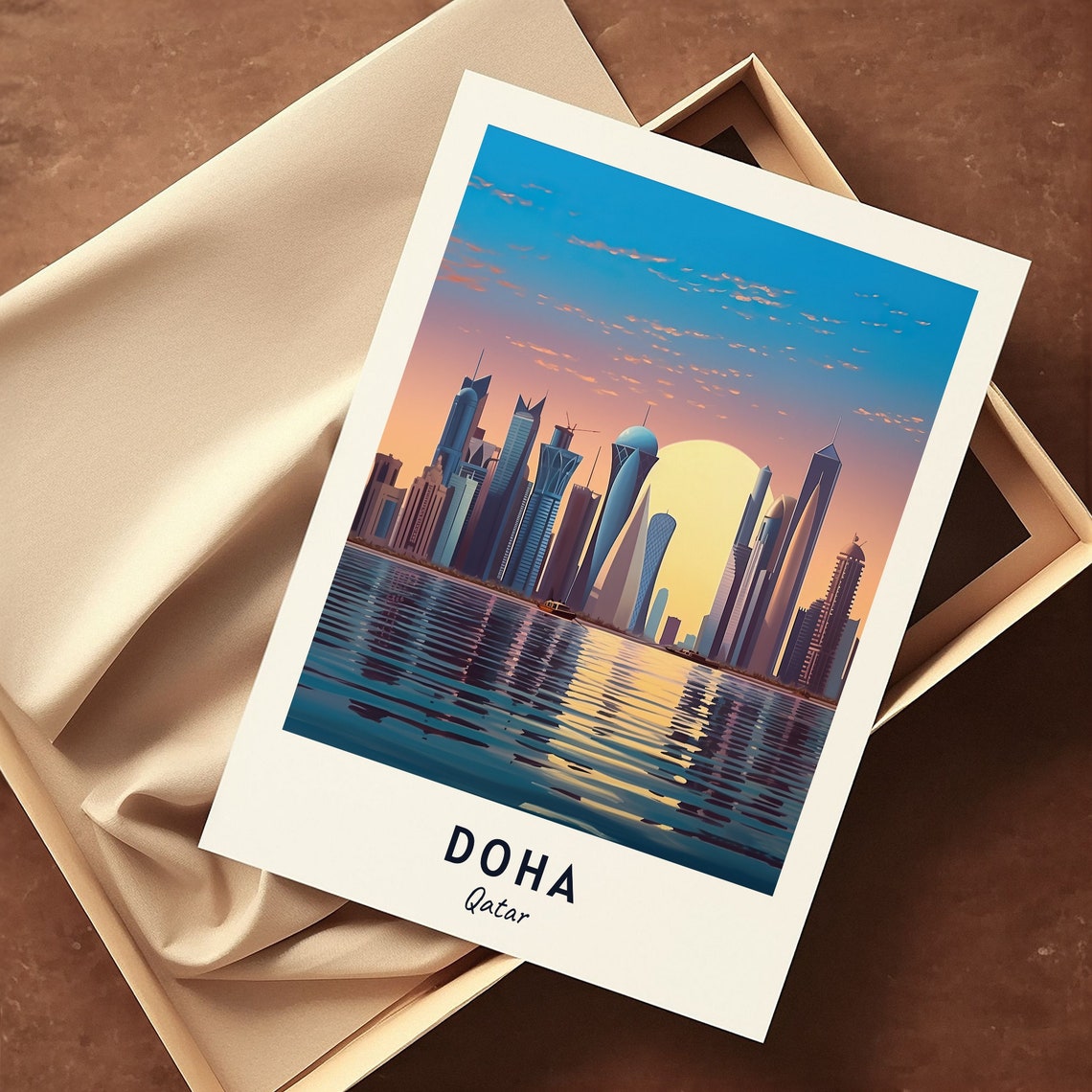 Doha Qatar Skyline Sunset Water Reflection Modern City Travel Poster - Image 3