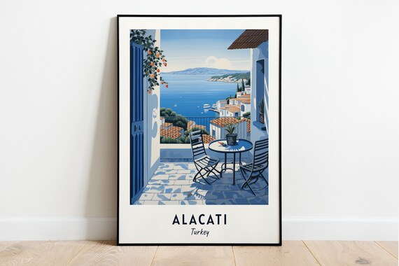 Alacati Turkey Terrace Sea View Cafe Minimalist Travel Poster