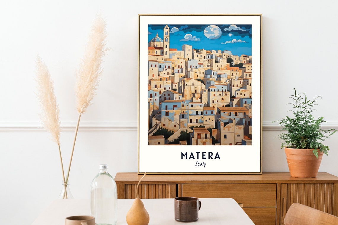 Matera Moonlit Hillside Old Town Stone Houses Night Travel Poster - Image 2