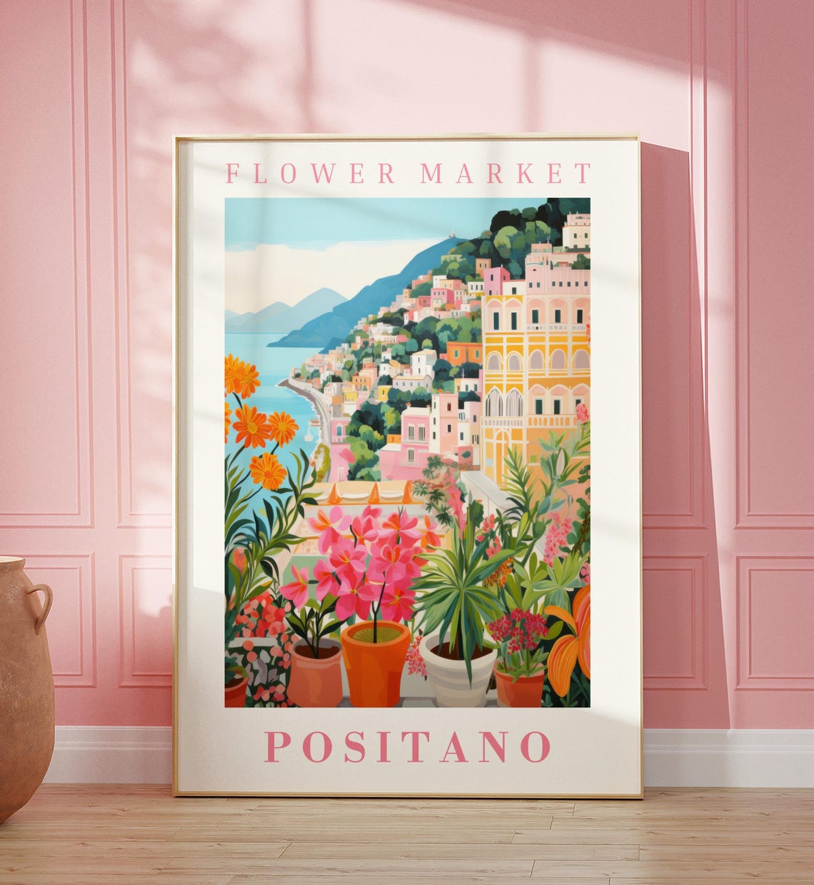 Positano Flower Market Poster Amalfi Cliffside Potted Blooms