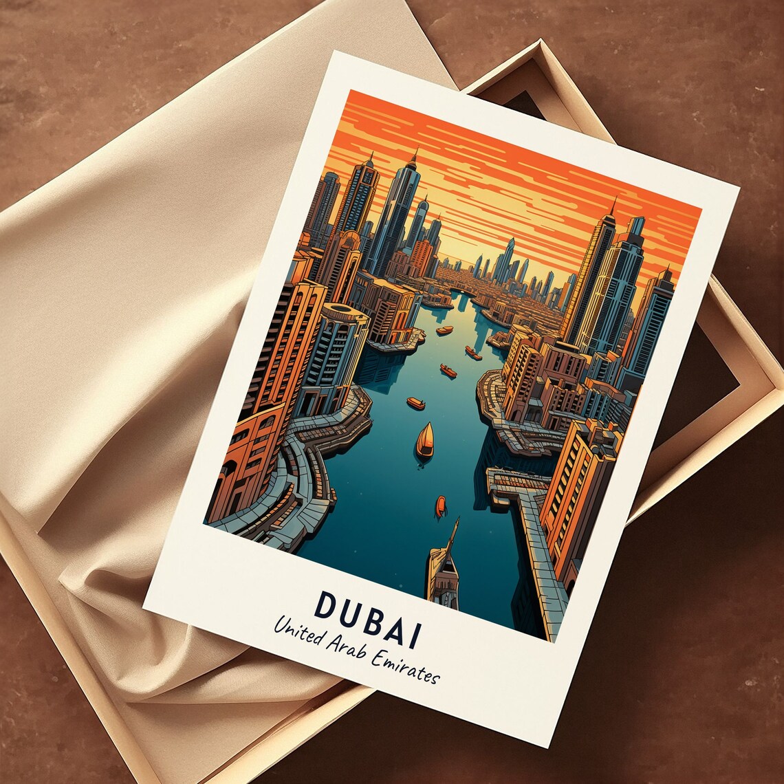 Dubai United Arab Emirates Marina Skyline Boats Sunset Travel Poster - Image 3